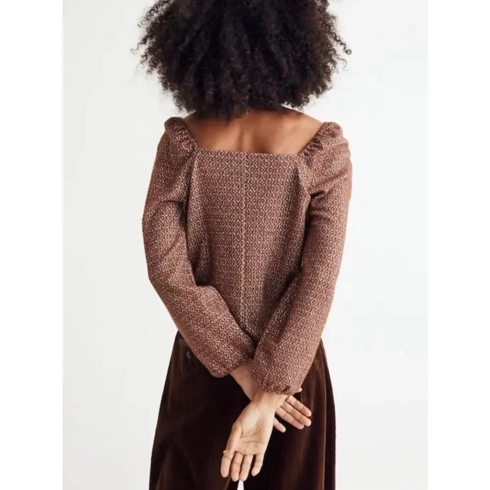 Madewell Jacquard Puff Sleeve Top Brown Women's XL Dark Merlot Fall